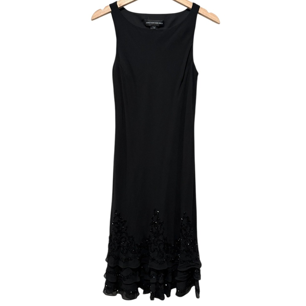 Vtg Jones New Yorkβ Dress 8 Black 100% Silk Beaded Ruffle Y2K Whimsigoth Fairy